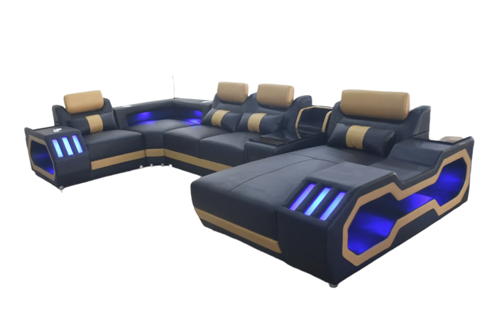 Black and Tan Omont Modern Italian Leather Sectional with Console