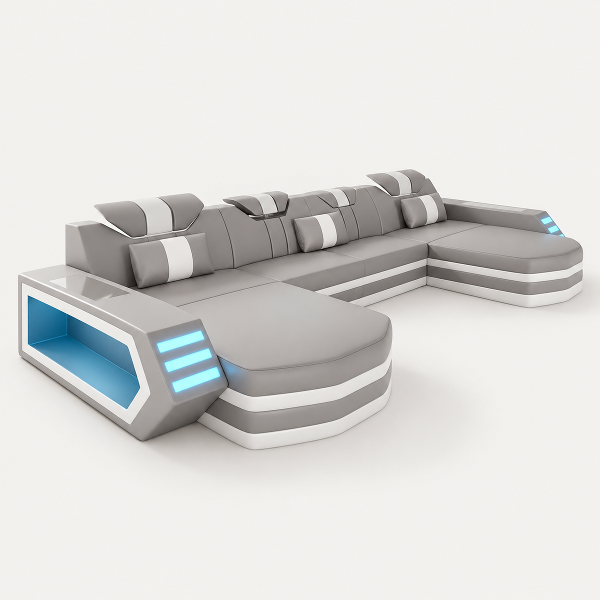 Eileend Double-Chaise Leather Sectional with LED Lights