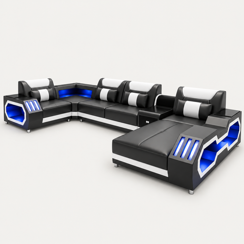 omont sectional sofa with chaise on image right, warm grey studio background