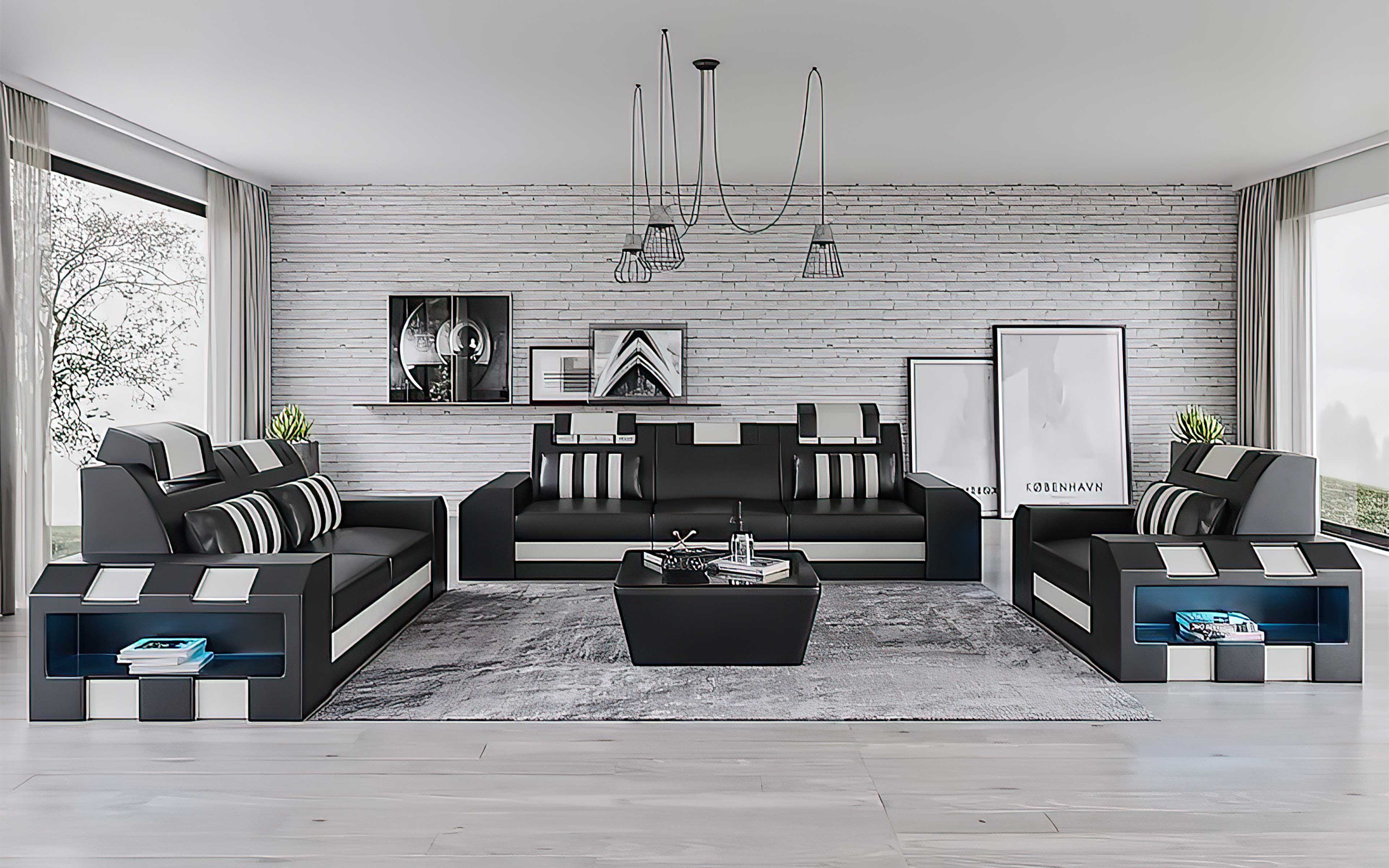 Cosmo LED Leather Sofa Set - Modern 3-Piece Living Room Set with Mood Lighting