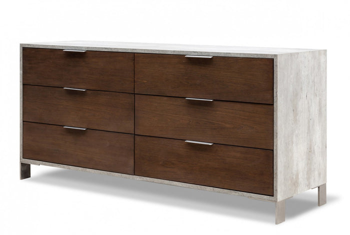Camona Modern Dark Walnut & Faux Concrete Dresser&Mirror