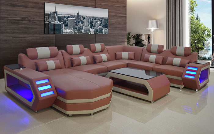 Eileend Leather Sectional Sofa with LED Lights