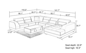 Amanda Modern U-Shape Leather Sectional with Tufted Chaise