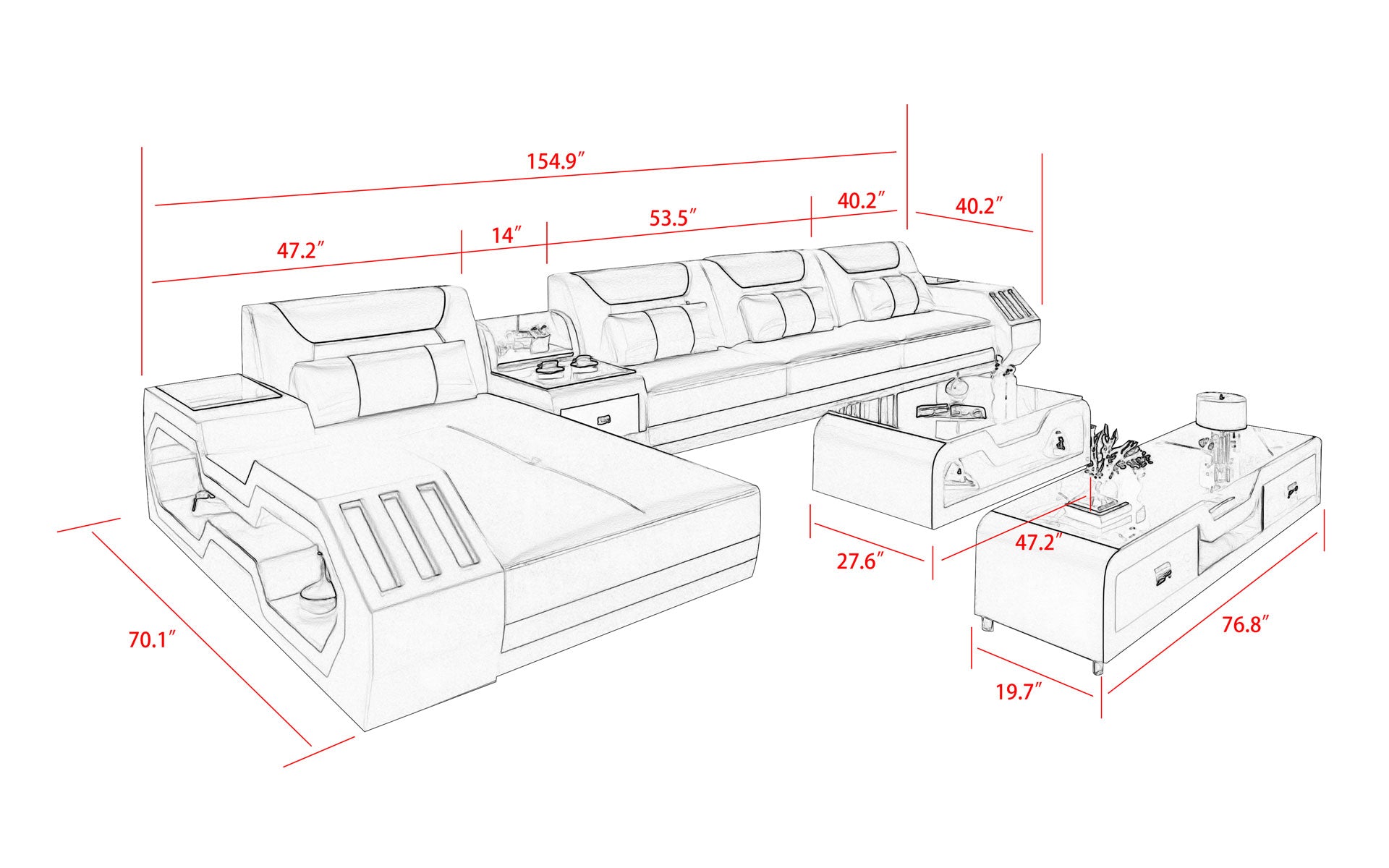 Omont Compact Sectional with LED Lights & Chaise | Small Space Solution